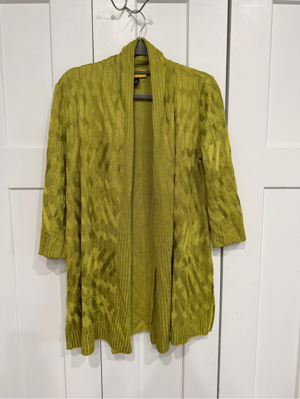 St. John Size L Wool Rayon Knit Long Open Cardigan Jacket Green Shimmer Metallic